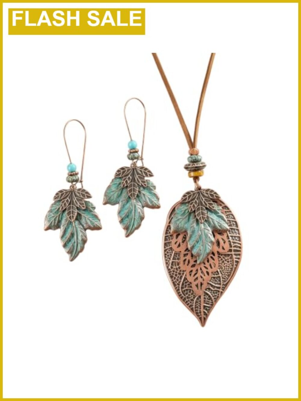 Wood Leather Boho Necklace Set Leaf Pendant Earrings Handmade